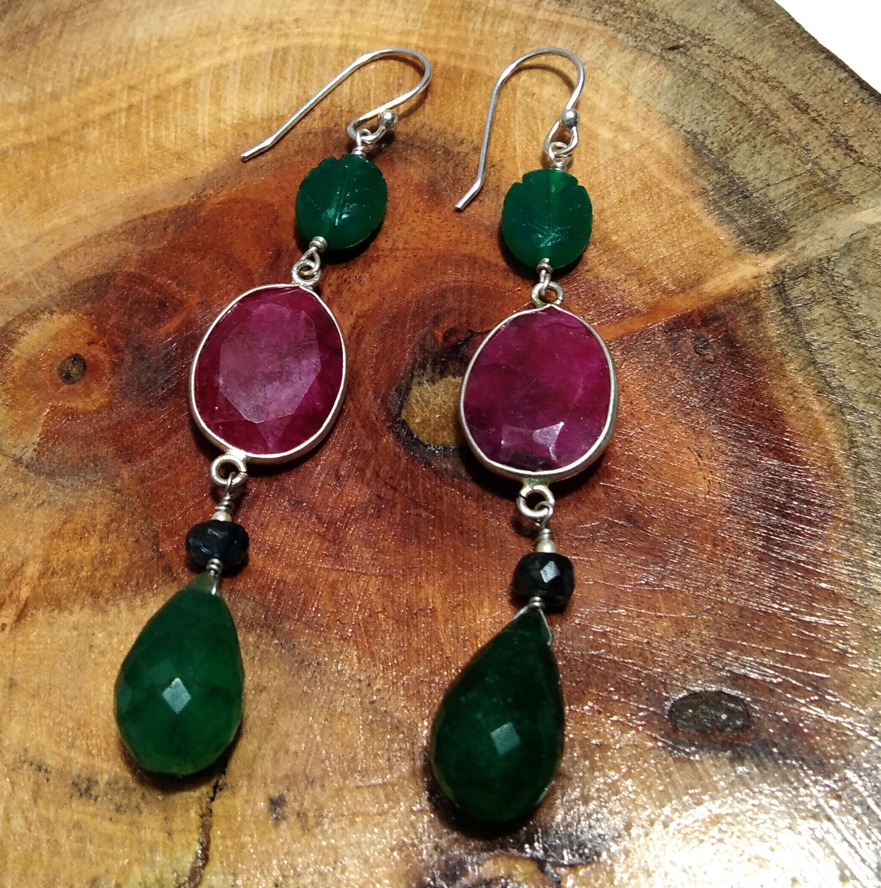 Red Ruby/Green Jade Earring, 925 Solid Starling Silver Earring, Amazing Ruby Stone Handmade Earring, Gift Women Christmas Earring Jewelry